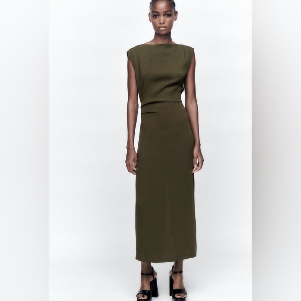 Zara Draped Midi Dress Khaki